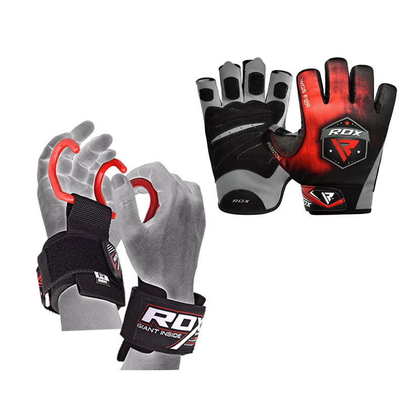 RDX F12 Gym Gloves & Wrist Cuff Hook Straps Weightlifting#color_red