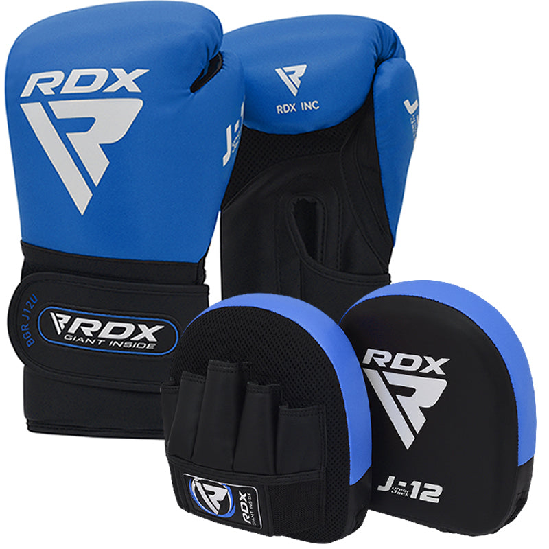 RDX J12 KIDS 6oz Boxing Gloves & Focus Pads Set#color_blue