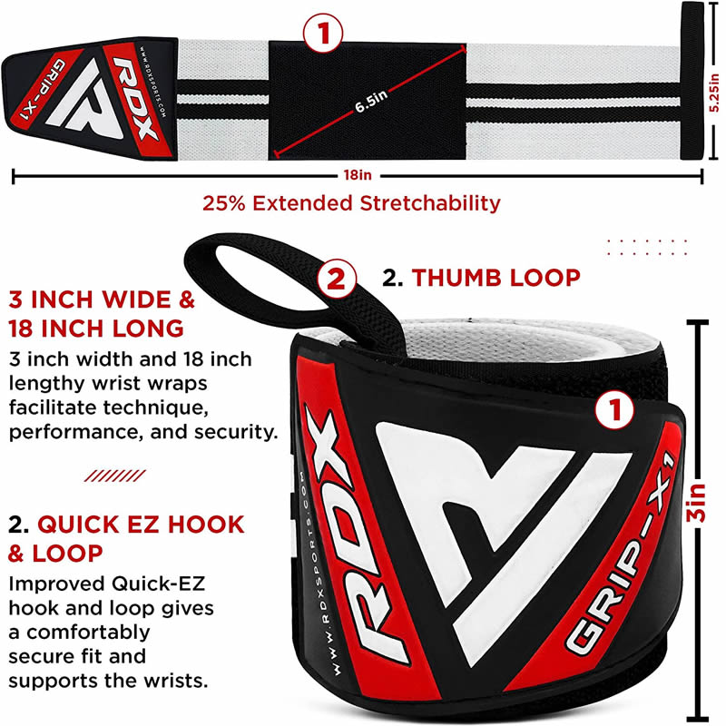 RDX W3 IPL USPA Approved Powerlifting Wrist Support Wraps with Thumb Loops OEKO-TEX® Standard 100 certified#color_whiteblack