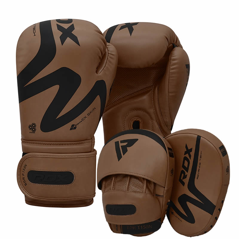 RDX T15 Boxing Gloves 12 oz & Focus Pads Set Brown/Black